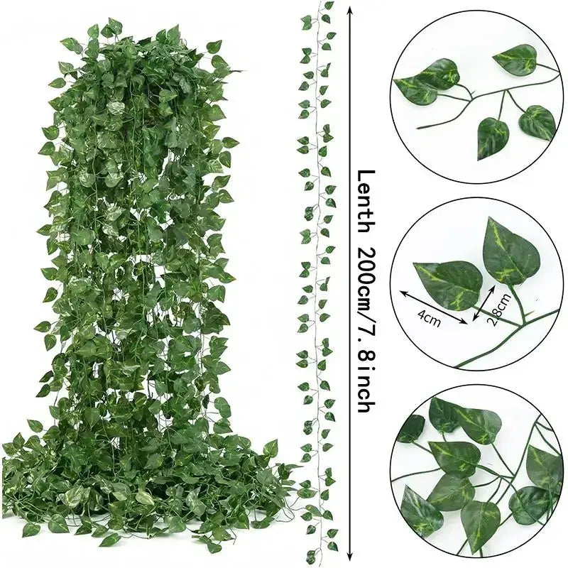 Green artificial plant ivy leaf garland with heart-shaped leaves and subtle variegation for wall or hanging decor