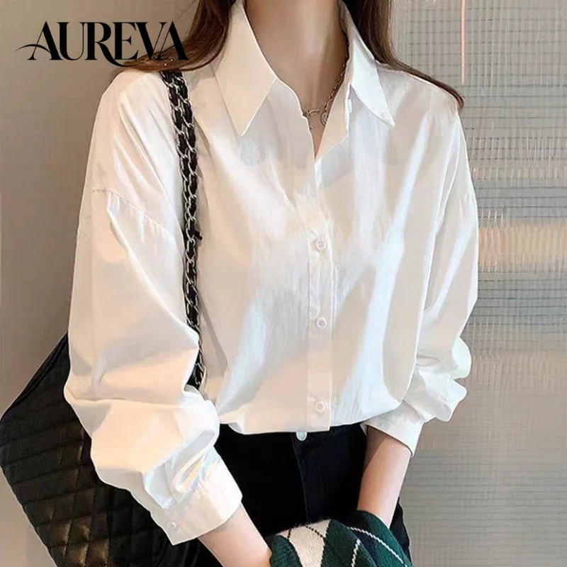 Women's White Long Sleeve Basic Shirt Versatile Vintage Uniform Blouse Casual Office Workwear Inner Wear