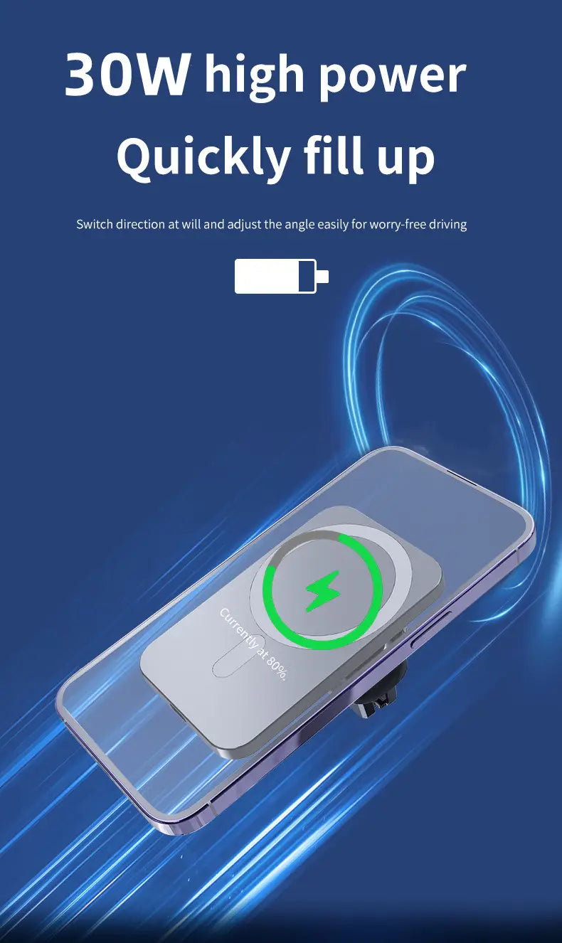 Vikefon magnetic car wireless charger for iPhone in sleek silver with minimalist design and 30w power featuring magnetic attachment.