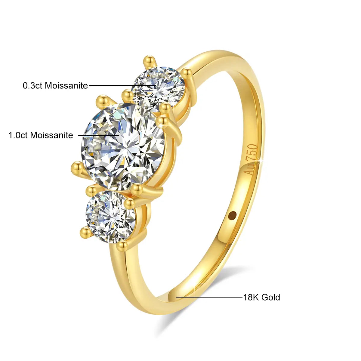 Une bague à trois pierres en diamant en or 18 carats présentant une moissanite centrale de 1,0 ct, flanquée de deux moissanites de 0,3 ct, avec un sertissage élégant et épuré à griffes.