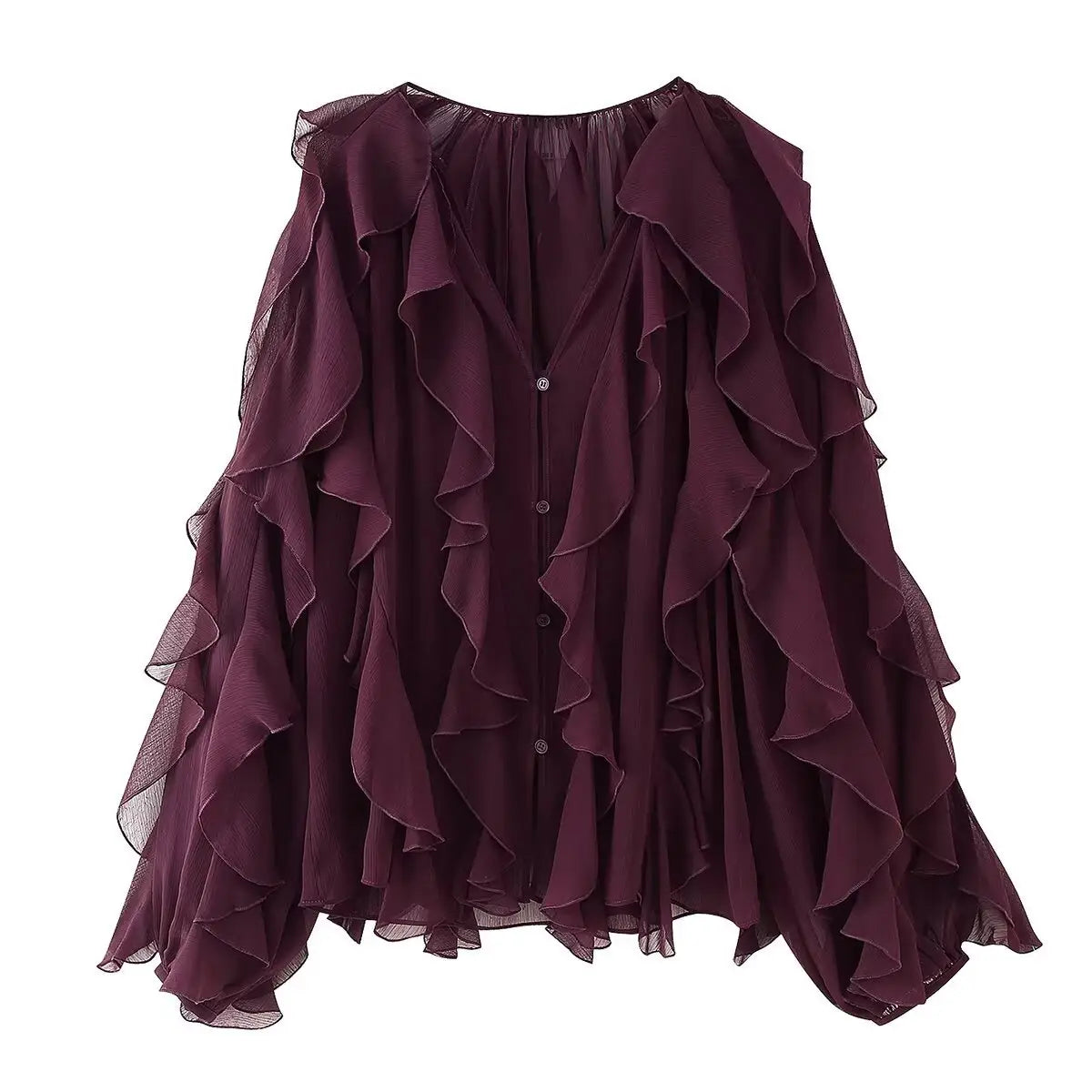 A flowing deep burgundy chiffon ruffle shirt long sleeve blouse with layered ruffles cascading from the shoulders to the hem.