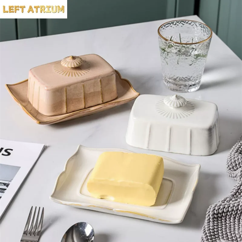 Ceramics Tableware Butter Box with Lid Butter Dish Cheese Plate Dinner Plate Baking Butter Pan Dim Sum Dish Cake Pan Snack Tray