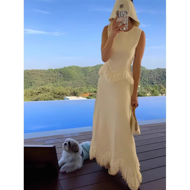 Autumn Winter Women Party Two Piece Set Elegant INS Tassel Shirt Top + Maxi Skirt Suit 2026 Celebrity Guest Evening Outfits