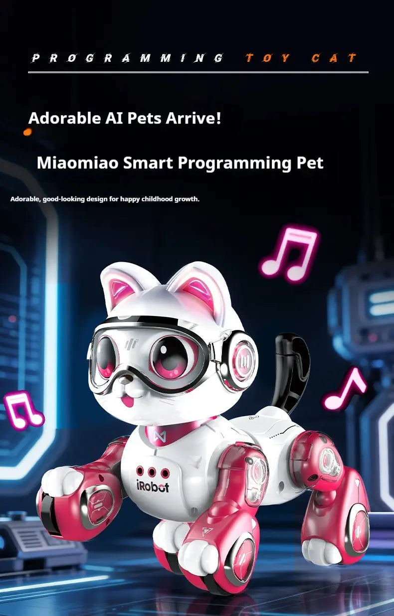 remote control white and pink robotic cat toy with black goggles and sleek design featuring the irobot logo on its chest