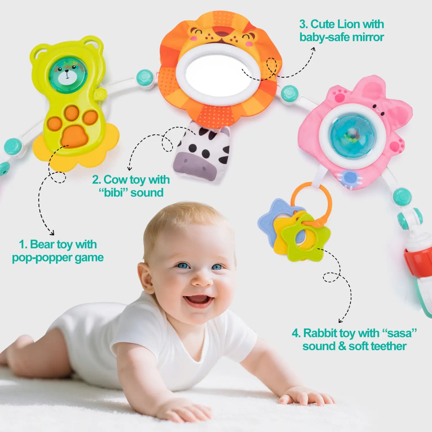 leuchtend farbiges Plüsch-Fahrwagenbogen-Spielzeug für sensorische Aktivitäten für Babys mit strukturierten Oberflächen und interaktiven Merkmalen für frühe Entwicklung und Beschäftigung