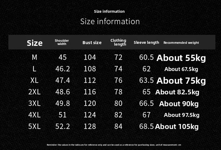 Größeninformationstabelle für Herren-Wrkwear-Hemd ohne Falten, japanischer Stil, lässige Oberteile, mit Maßangaben und empfohlenen Gewichten für die Größen M bis 5XL.