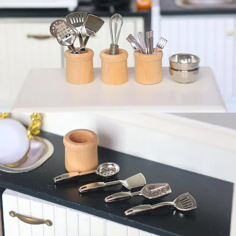 Miniature Dollhouse Kitchen Utensils Set Small Cookware Tools Realistic for Kids Room Decor Pretend Cooking Fun