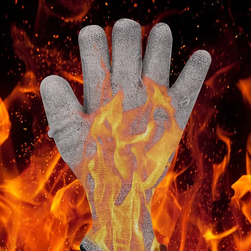 Grauer, strukturierter, hitzebeständiger Handschuh mit Flammen-Design, der die Rückseite von wasserdichten Winter-Arbeitshandschuhen für Herren zeigt, gefertigt aus thermisch-mechanischem Material für den Einsatz bei Kälte.