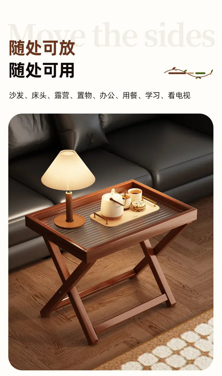 A sleek dark brown wooden foldable glass side table with textured surface and elegant x-shaped legs showcasing key product selling points.