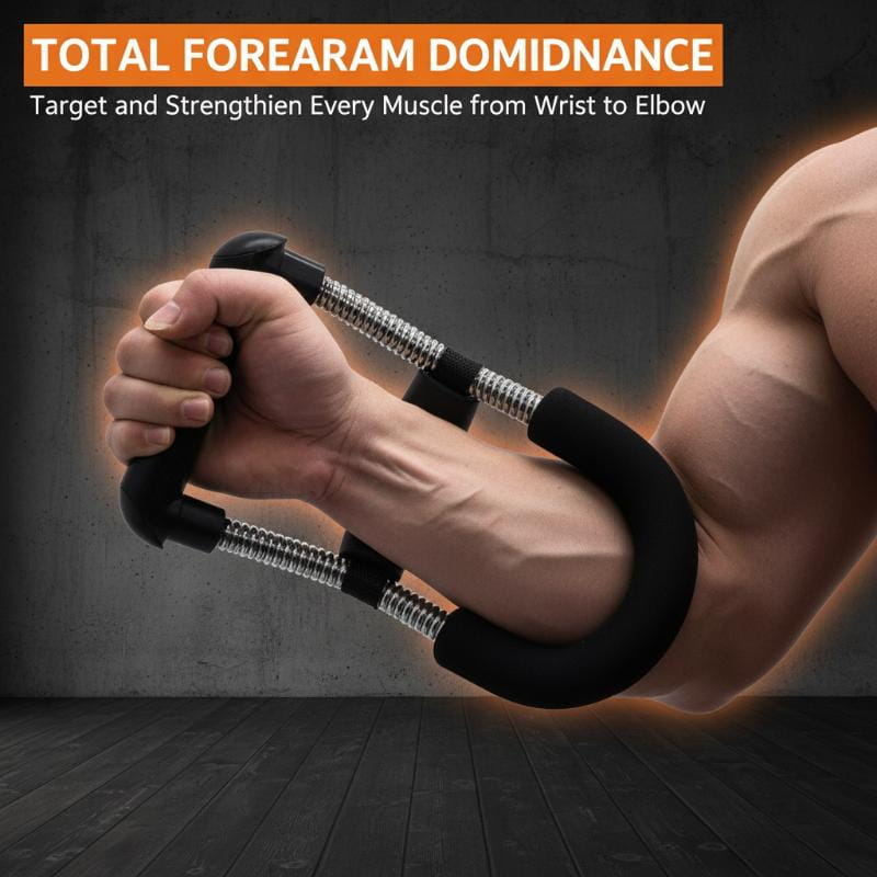 Adjustable forearm strength trainer with black foam grips and electroplated carbon steel metallic spring mechanism for fitness training.