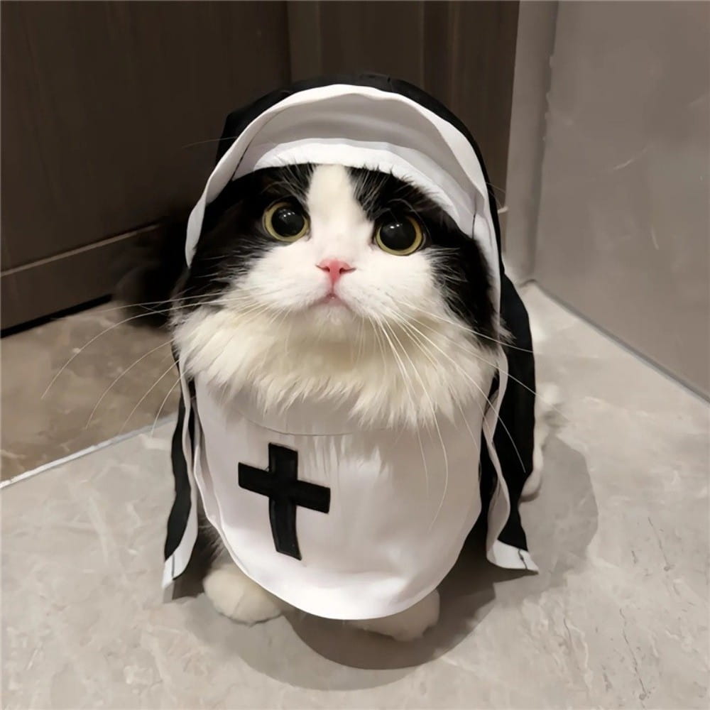 Un gato esponjoso negro y blanco que lleva un disfraz de monja para perro o gato mascota hecho de fibra de poliéster, con una túnica blanca y una cruz negra en el frente.
