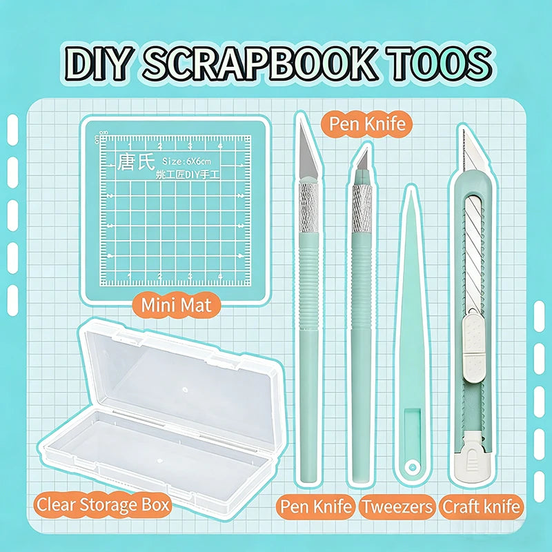 DIY Scrapbooking Tool Kit, DIY Hand Tools Set with Craft Carving Knife, Tweezers, Mini Cutting Pad, School Office Craft Supplier