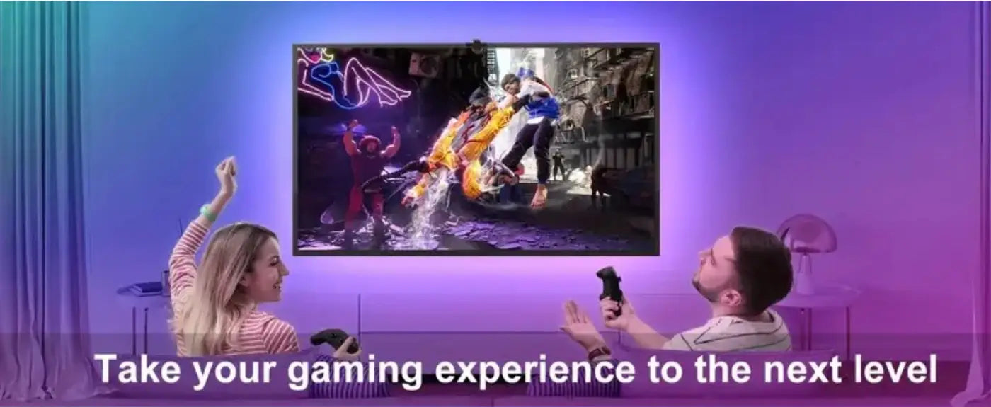 The sleek frameless tv with led tv backlight strip style smart rgb ambient lighting displays a vibrant video game scene with neon lighting and dynamic action.