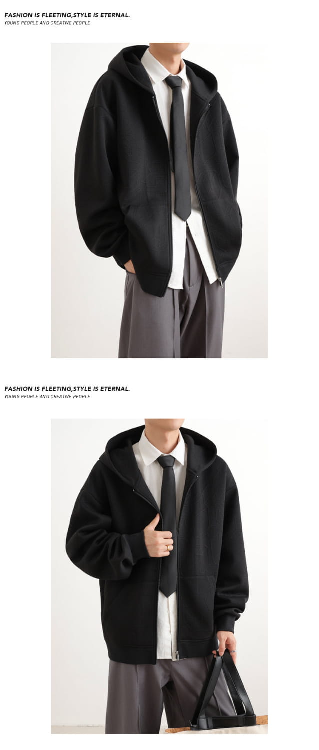 mens black zip up hooded jacket featuring a relaxed fit black zip up hoodie with ribbed cuffs designed for casual urban outerwear.