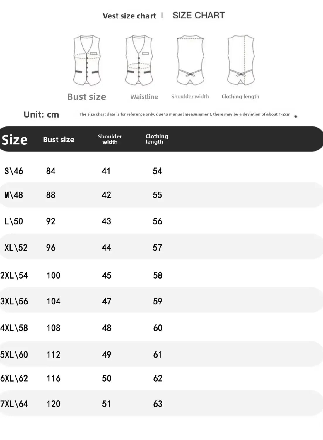 Tableau des tailles du gilet de l’ensemble trois pièces pour homme slim fit, costume d’affaires : mesure de la poitrine, largeur d’épaules et longueur des vêtements, de la taille S à 7XL, pour les soirées décontractées et les occasions d’affaires en mode masculine.