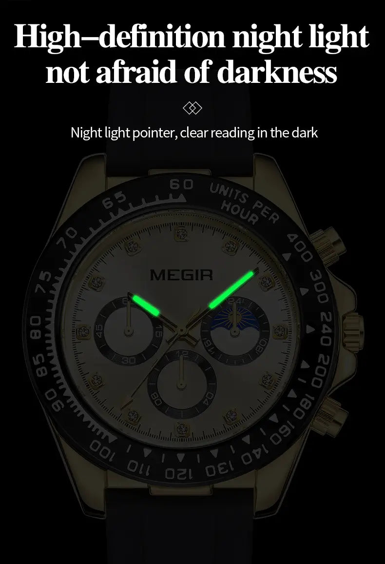 A sleek gold-toned Megir men luxury sports quartz chronograph watch with a black bezel and luminous green hands on a white dial.