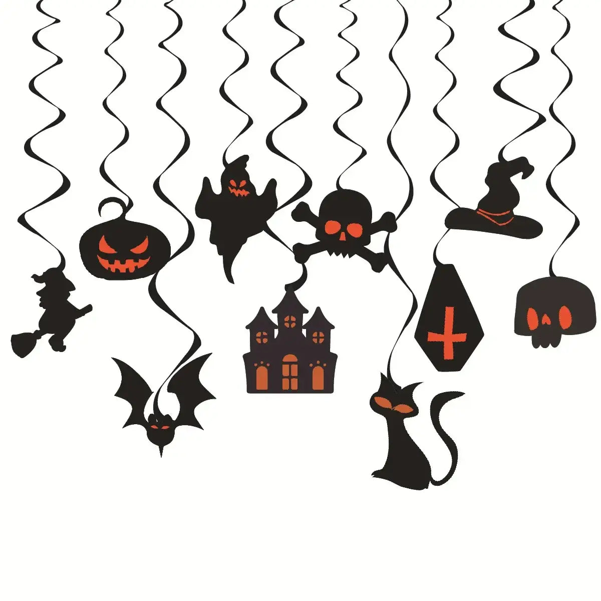 Guirnalda colgante de Halloween en negro y naranja, elaborada en papel, con siluetas espeluznantes de calabazas, fantasmas, calaveras, murciélagos, el sombrero de una bruja y una casa encantada para decoración de fiesta.
