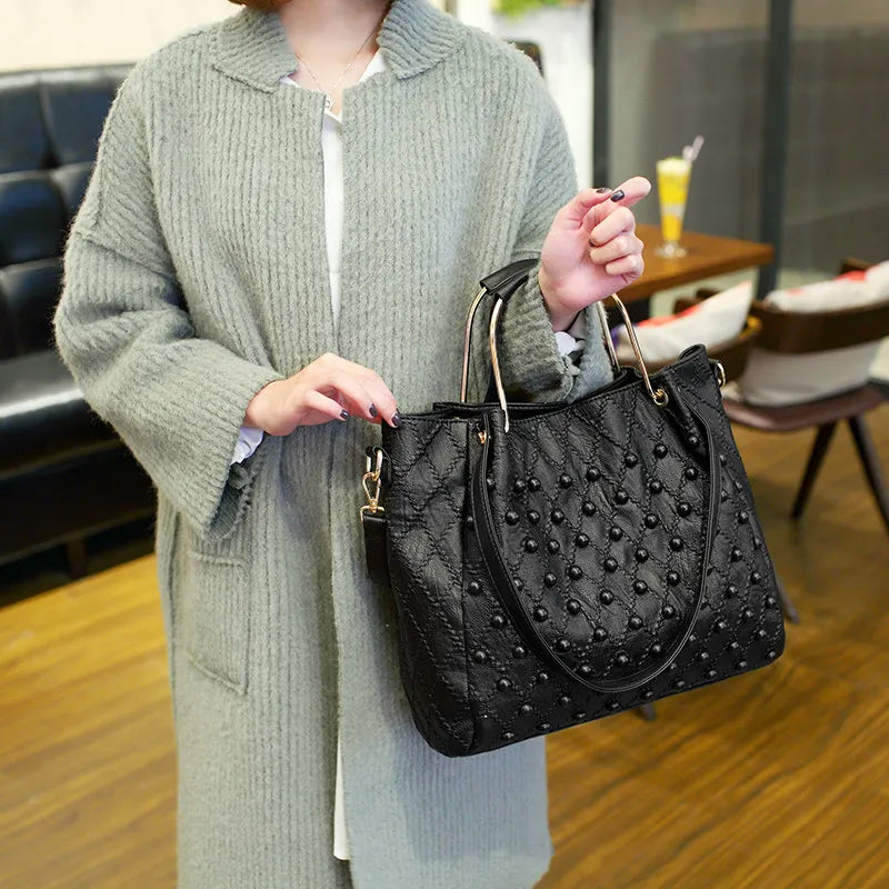 Leather Women's Bag 2026 New Style Personality Fashion Soft Piling Rivet Hand Lading Shoulder Crossbody Bags for Women