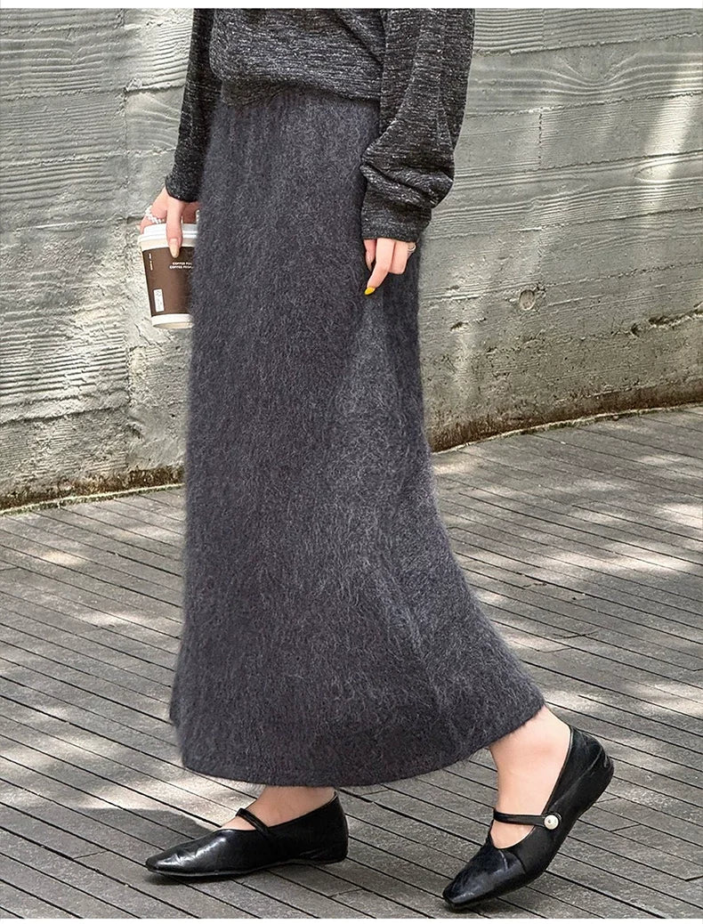 Women's Fall Winter Hairy Fuzzy Mohair Wool Brushed A-Line Maxi High Waist Flared Long Skirt Warm Draped Elegant Midi Skirt