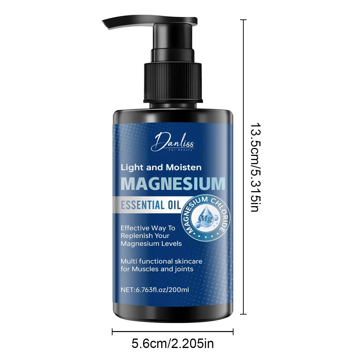 Das Magnesium-Ätheröl der Marke Daniss in einer eleganten schwarzen Pumpspender-Flasche mit blauem Etikett sorgt für geschmeidigere Haut und unterstützt die Pflege der Muskulatur.