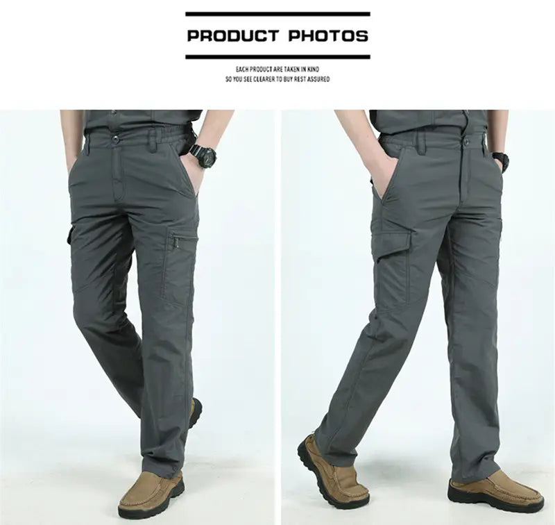 pantalons cargo tactiques légers pour homme en gris foncé, avec plusieurs poches et un tissu durable conçu pour un usage robuste