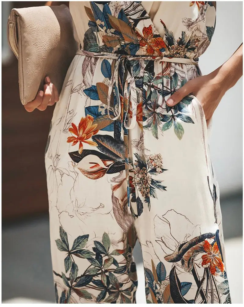Beiger Boho-Sommeroverall mit Blumendruck, Tunnelzug in der Taille und fließendem Stoff; entworfen für angenehmen Tragekomfort.