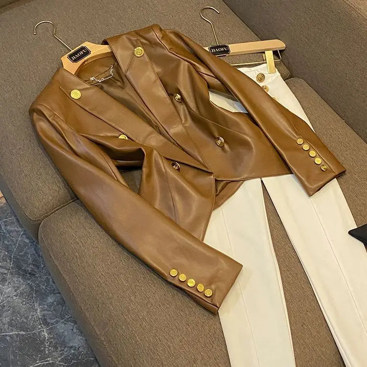trendy Women's Clothing Faux Leather Coat Black Metal Double-breasted Slim No-wash Leather Suit Top Jacket Coat Women Jackets