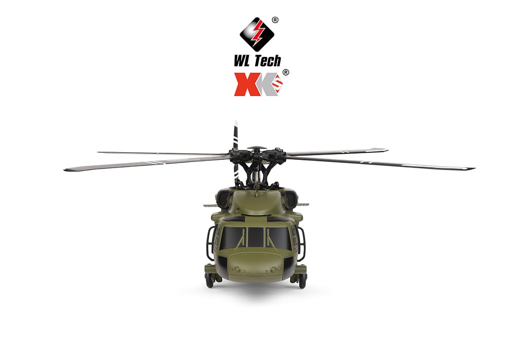 olive green military-style wltoys k170 uh-60l remote control helicopter model with black rotor blades and landing skids featuring 800mah 20c battery for extended flight time.