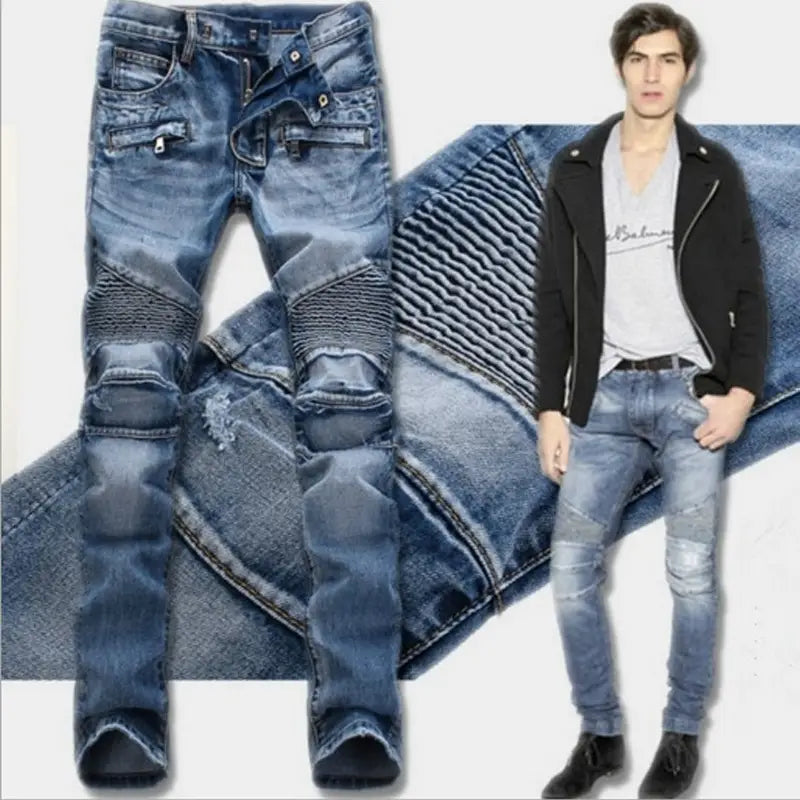 Men’s protective motorcycle denim jeans in blue with distressed ripped details and reinforced knee patches.