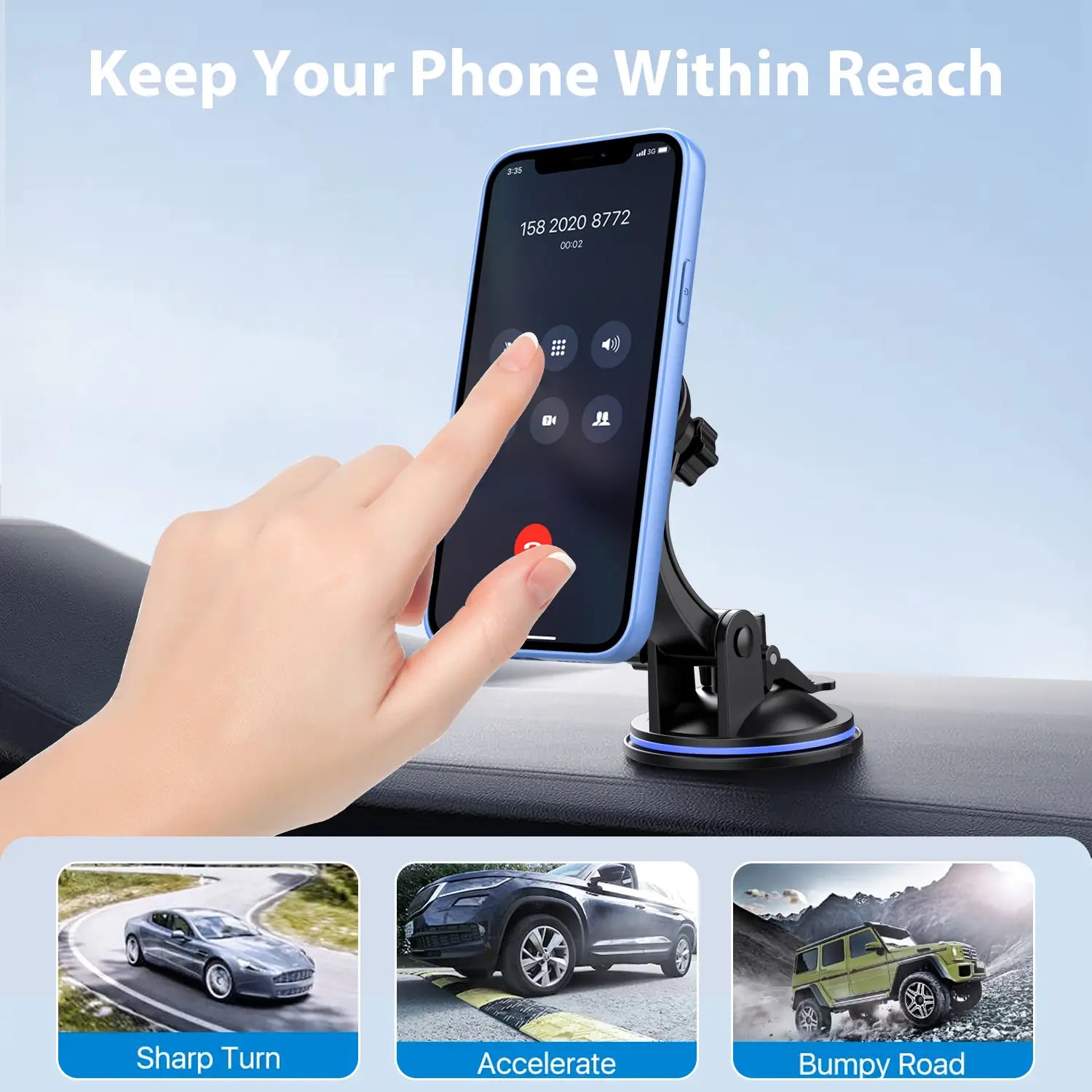 blue car phone mount with 360 rotation and black suction cup base holding a smartphone on a dashboard holder.