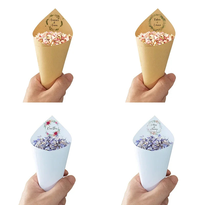 30Pcs Custom Wedding Cones Name Christmas Wedding Thanksgiving Floral Confetti Toss Cones Birthday Baptism Party Favors