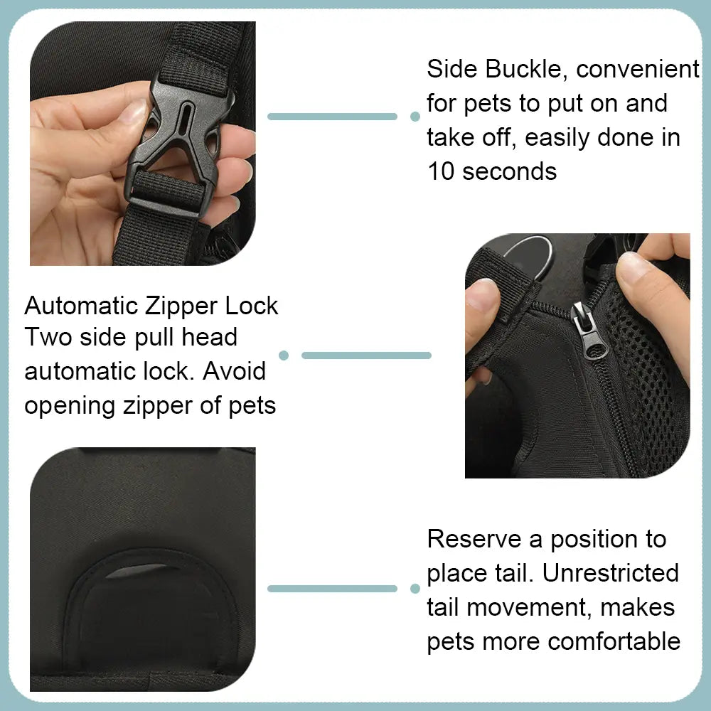 Arnés para mascotas de malla negra con hebilla lateral y cierre con bloqueo automático mediante cremallera para mochila portamascotas para motocicleta, compatible con Suzuki V-Strom, Ducati Scrambler y Ducati Multistrada.