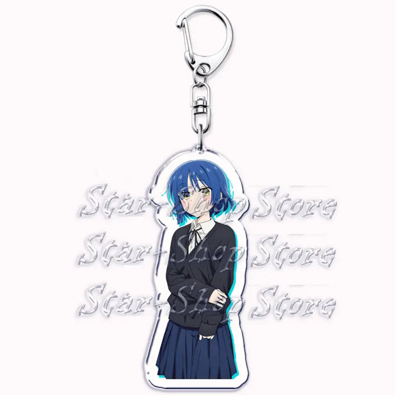Blue-haired anime character acrylic keychain wearing a black school uniform with a white collar from Bocchi the Rock.