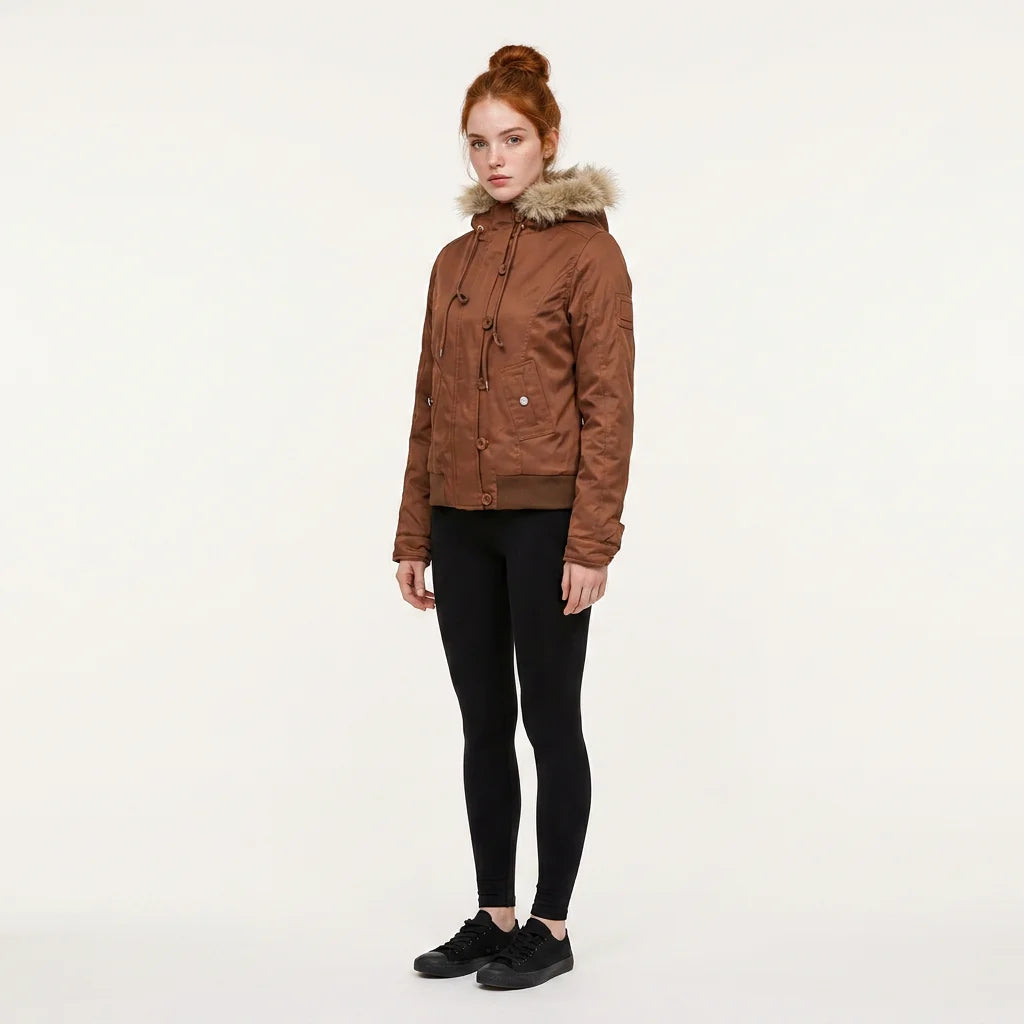 Women Winter Thick Fleece Lined Hooded Jacket Faux Fur Collar Zip Button Closure Solid Casual Warm Outerwear Pockets Female Coat