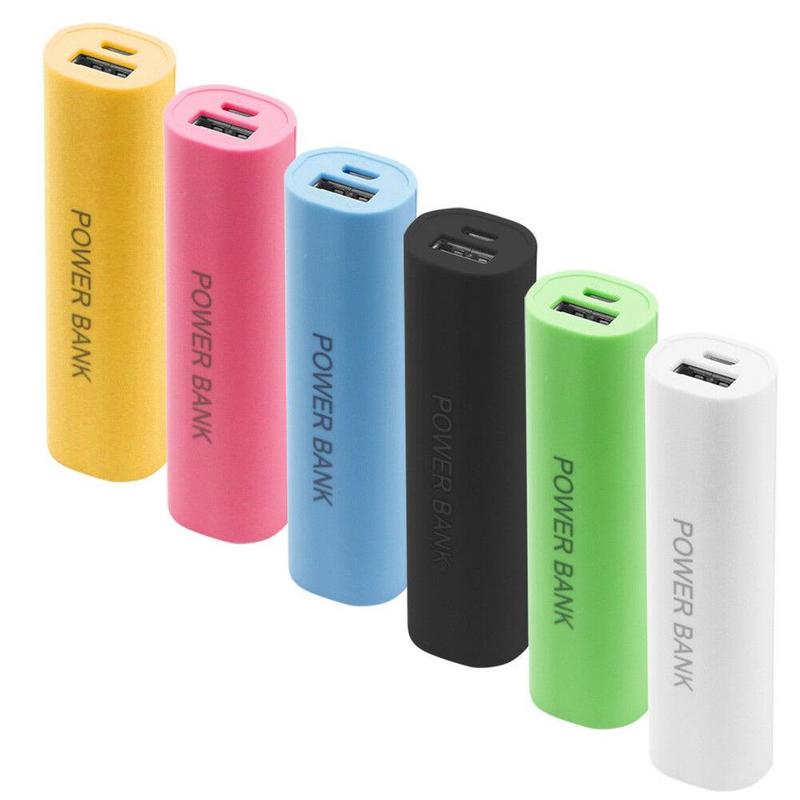 A set of six cylindrical portable 18650 power bank cases in vibrant colors including yellow, pink, blue, black, green, and white designed for DIY shell charger projects.