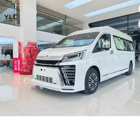 white toyota hiace minivan with sleek modern design and chrome-accented grille featuring a universal rv swivel seat base and slide rail for enhanced interior flexibility