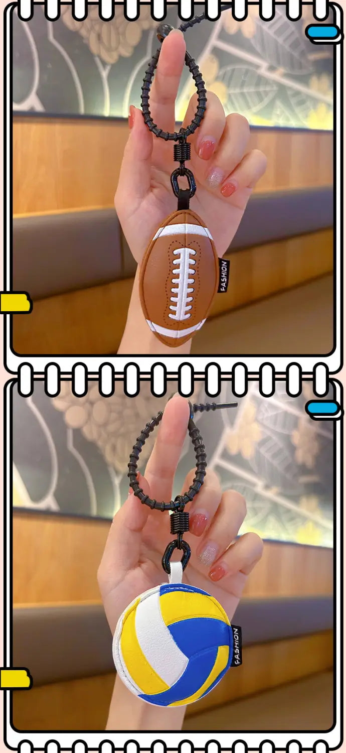 Brown and white leather football-shaped keychain with black braided cord from the leather sports ball keychain set bag charm.