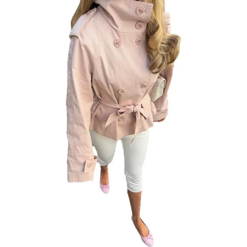 Women's New Short Trench Coat Women's Stand-up Collar Double-breasted Lace-up Waist Jacket