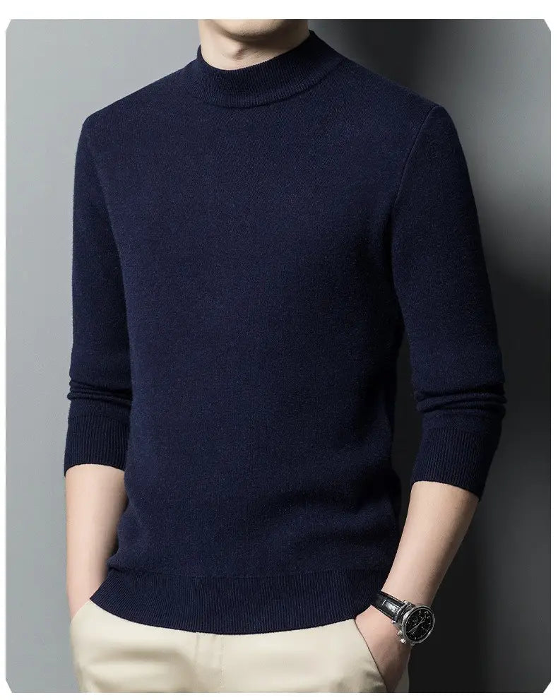 Herren-V-Ausschnitt-Strickpullover als Casual-Winterpullover in dunkelblauem, fein gestricktem meliertem Stoff mit gerippten Bündchen und Saum