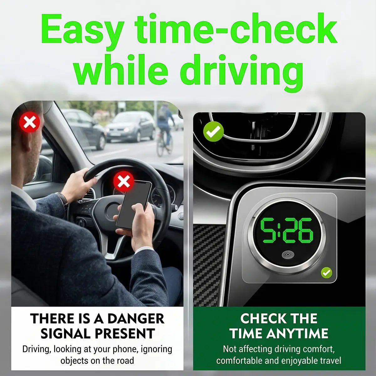 A sleek circular car dashboard digital clock with a black face and green led touch display showing the time 5:26.