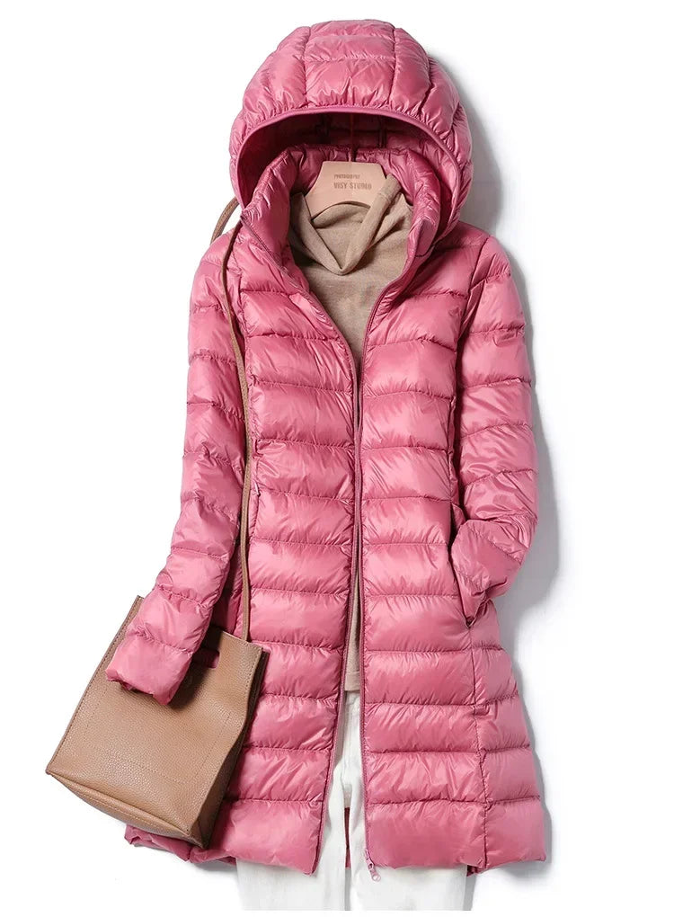 Fashionable Outerwear Winter Women Korean Fashion Slim Remove Hooded Parka Down Jackets Long Light Thin Coat Puffer Jacket