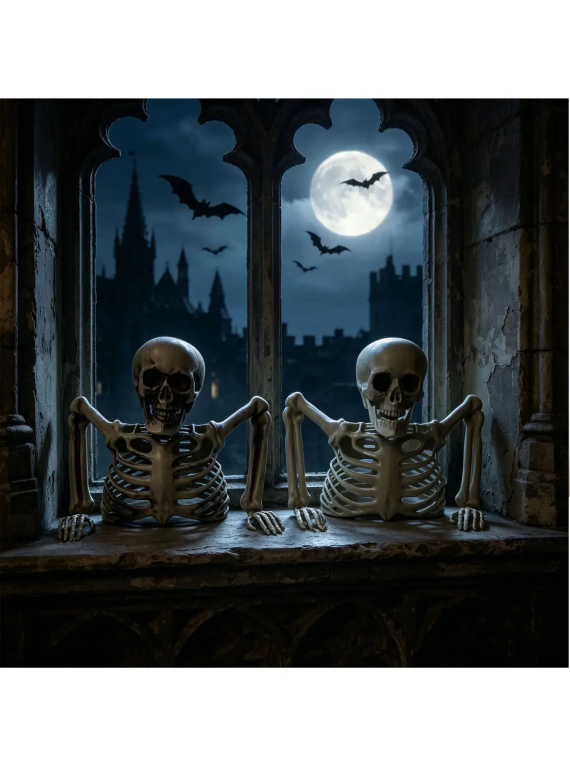Dos decoraciones de plástico color beige de medio esqueleto de Halloween con extremidades articuladas y cajas torácicas detalladas, colocadas una al lado de la otra sobre un alféizar de piedra para crear una escena aterradora.