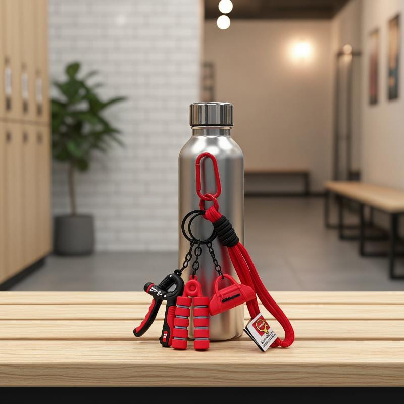 Silver stainless steel water bottle with red and black keychain accessories attached to its carabiner clip shown as a fitness keychain mini gym equipment bag pendant.