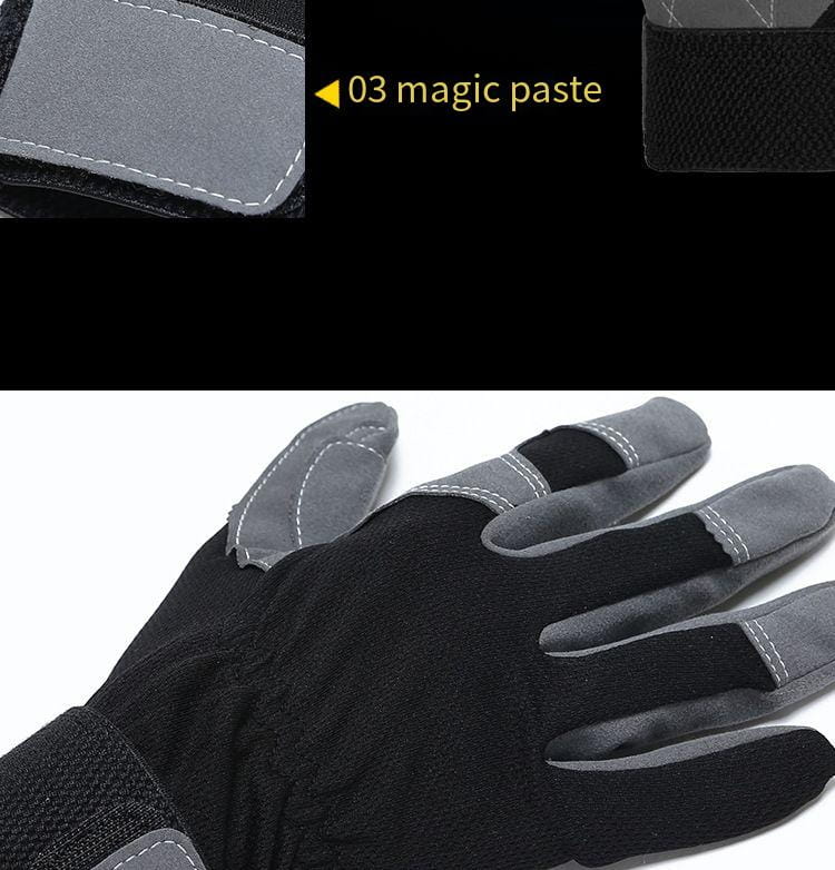 Gant de travail en cuir de vache noir et gris, avec extrémités des doigts renforcées et paume texturée, conçu pour une utilisation sûre et en conduite.