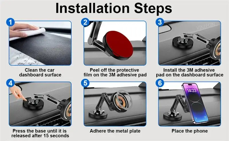 Cargador inalámbrico para coche magnético negro para iPhone 15 14 13 12 con brazo ajustable y base adhesiva de 3 m, mostrado desde el lado posterior.