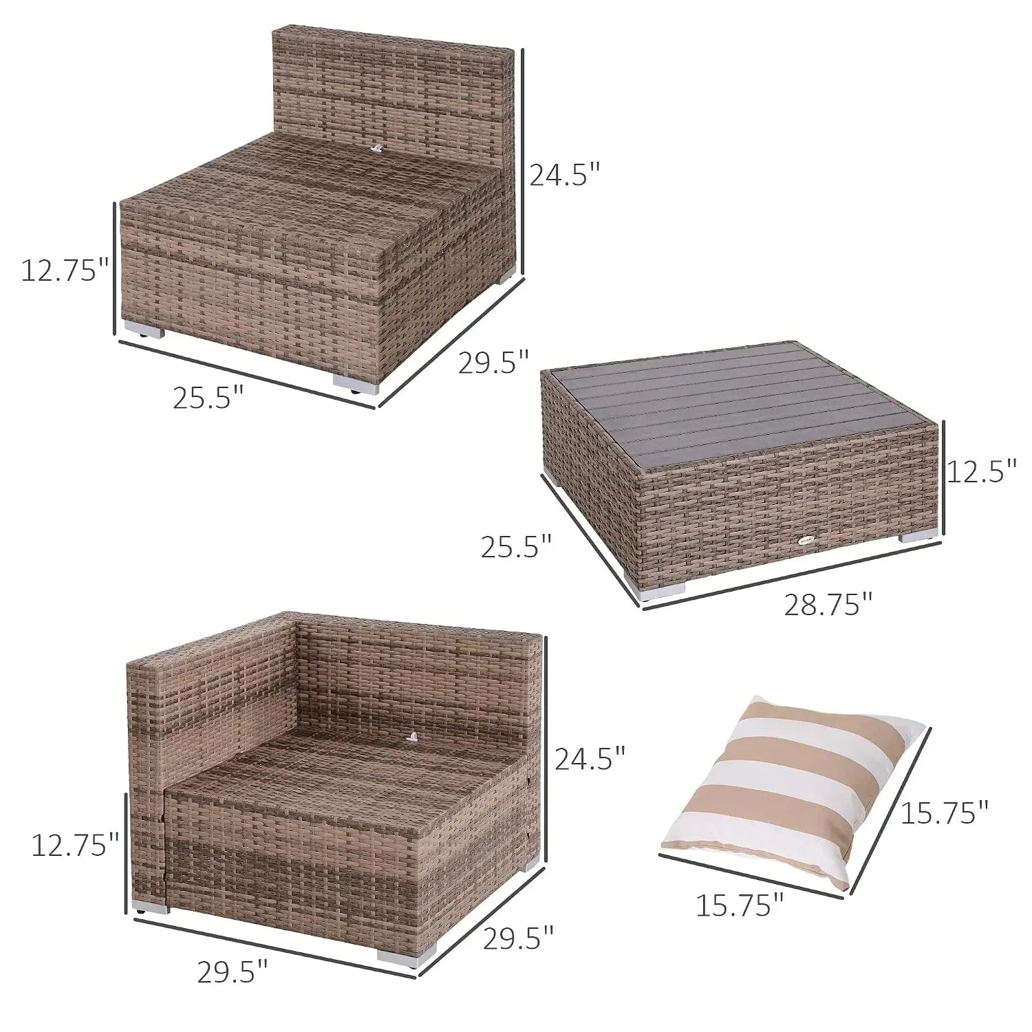 brown woven wicker outdoor sectional sofa furniture set with matching gray square coffee table and striped accent pillow for patio use