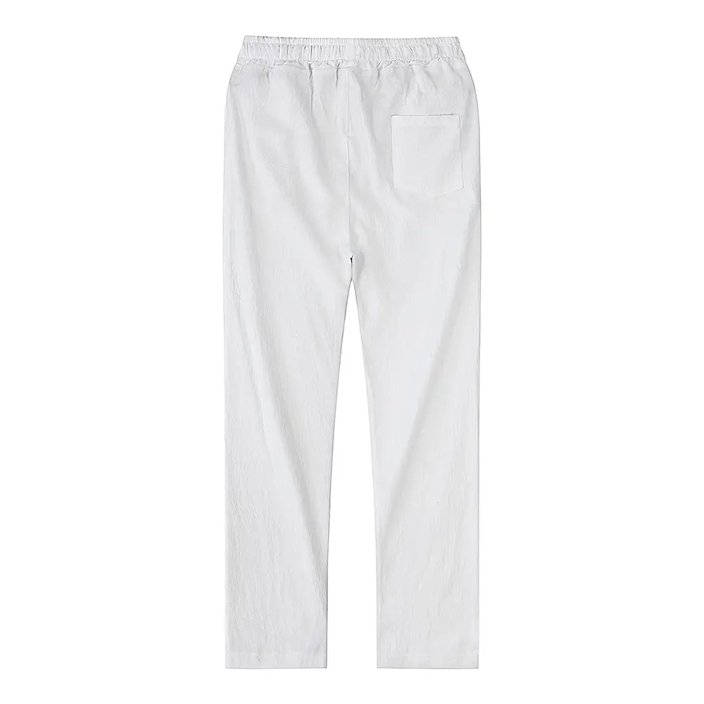 white men cotton linen trousers breathable casual pants shown from the back with an elastic waistband and a single back pocket