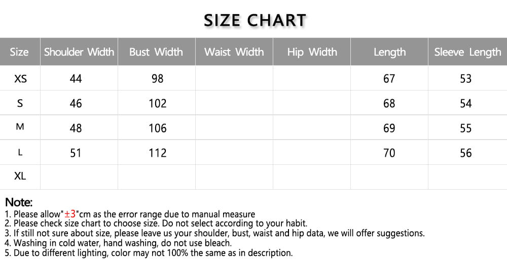 Size chart for pink textured ruffled button up blouse displaying measurements in centimeters from xs to xl with notes on sizing accuracy and care instructions.