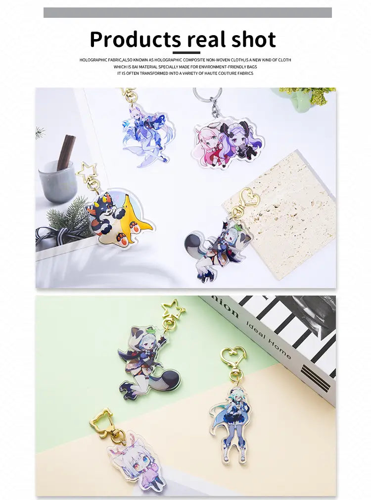 clear acrylic keychains with colorful anime-style characters and metallic gold clasps personalized as custom acrylic anime photo keychain cartoon charms