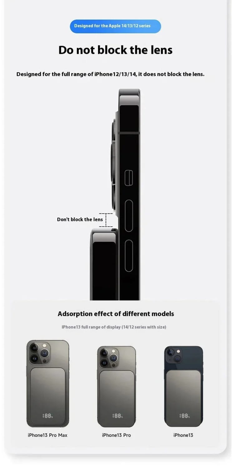 iPhone 13 Pro Max、iPhone 13 Pro、およびiPhone 13モデル用のブラックのマグネット式電話ケース。背面側から撮影した表示に対応。マグネット式モバイルバッテリー20000mAh 急速充電に対応し、効率的なモバイルバッテリー充電に適する